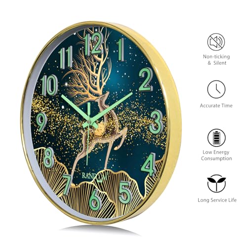 Image of RANDOM Modern 12.75INCH Wall Clock with 3D Radium Numbers, Silent Non-Ticking, Premium Golden Frame, Ultra Clear Glass for Living Room, Home Office