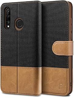 BEZ Huawei P30 Lite Case, Huawei P30 Lite Phone Case Compatible for Huawei P30 Lite, Wallet Cover [Canvas Faux Leather] with Credit Card Holders, Kick Stand, Magnetic Strap Closure, Black