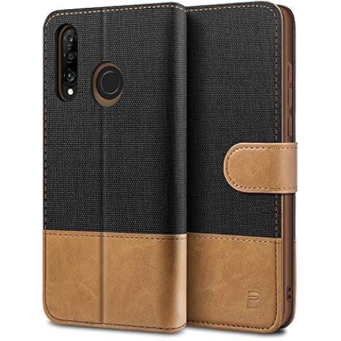 BEZ Huawei P30 Lite Case, Huawei P30 Lite Phone Case Compatible for Huawei P30 Lite, Wallet Cover [Canvas Faux Leather] with Credit Card Holders, Kick Stand, Magnetic Strap Closure, Black Cover