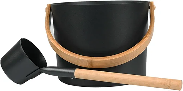 Sauna Bucket and Ladle Set, 1.85 Gallons (7L) Large Aluminum Sauna Bucket with Long Wooden Handle Spoon, SPA Shower Accessories, Saunas Accessories Set for Home Saunas (Color:Black)