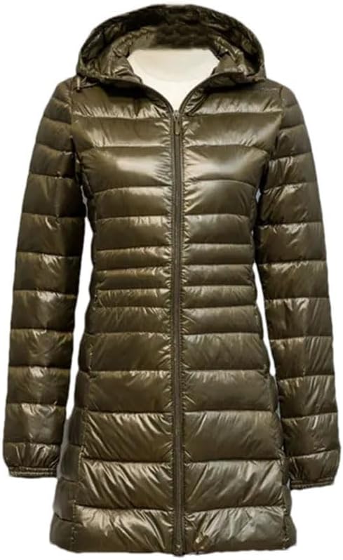 keusyoi Women Winter Long Down Jackets Female Ultra-Light Thin Puffer Jackets Slim Hat Detachable Parka Plus Size