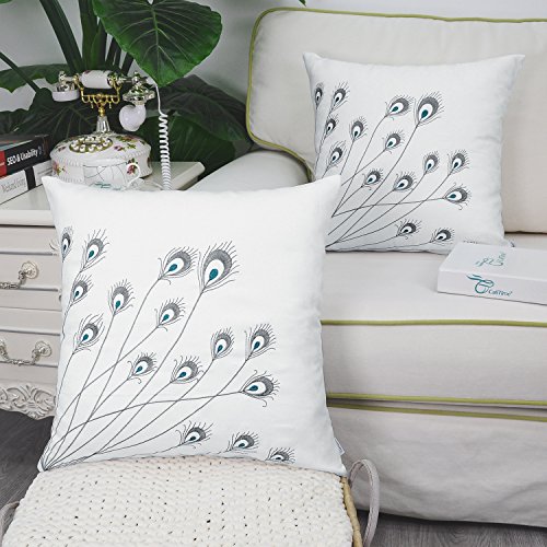 Pack Of 2 Calitime Supersoft Throw Pillow Covers Cases For Couch Bed Sofa Decor Peacock Feathers Embroidered 18 X 18 Inches White #TOP1