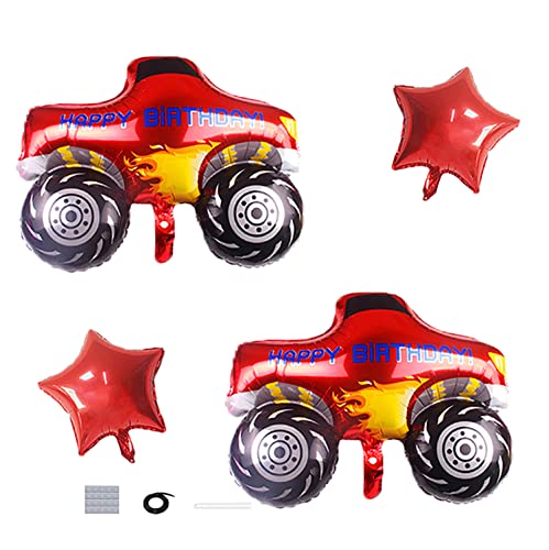 Lot de 4 grands ballons de fête Monster Truck en aluminium avec motif de course automobile et étoile rouge pour garçons, décoration d'anniversaire d'enfant, décorations sur le thème de Cars