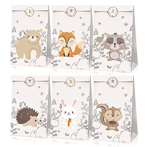 THATSRAD 12 PCS Sac Cadeau en Papier Kraft 22 * 12 * 8cm Sachet Cadeaux en Papier Sac Cadeau Anniversaire Animaux Sac de Bonbon Anniversaire Sachet Cadeau Kraft avec 18 Autocollants Cover