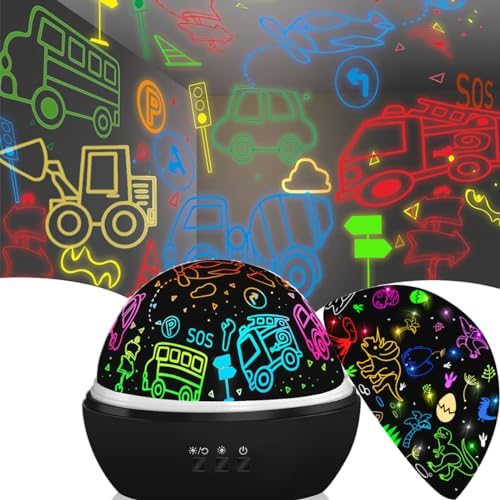 MINGKIDS Cars Trucks Night Light Projector and Dinosaurs Kids Light with 360 Degree Rotation - 4 LED Bulbs 9 Light Color Changing with USB Cable,Dinosaur Toys Gifts for Boys Girls