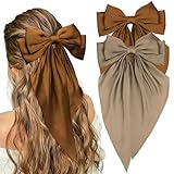 Picture of YISSION 2Pcs Big Silky Hair Bows Clips for Women Girls Large Satin Bow Hair Clips Hair Barrettes Hair Ribbon with Long Tail Khaki Brown Hair Clips Cute Hair Accessories for Women Girls