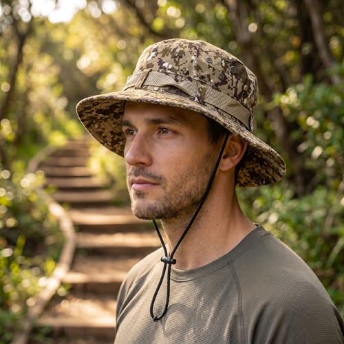 Image of Kraptick Wide Brim Sun Hat for Men - Outdoor Tactical Boonie Hat with Adjustable Chin Strap, Breathable Trekking Cap for Hiking, Fishing, Safari & Jungle Adventures