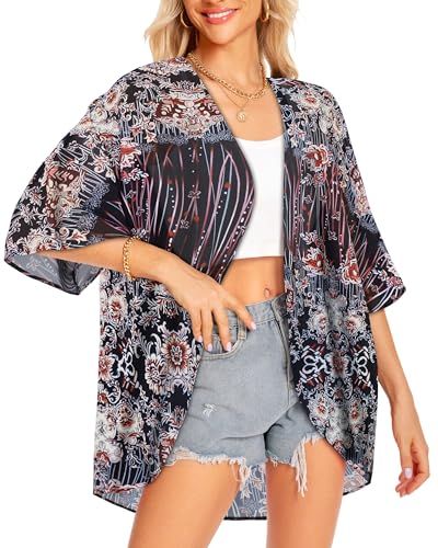 Image of Women Kimono Cardigans Casual Summer Tops Cover up Open Front Floral Print Resort Wear 2026