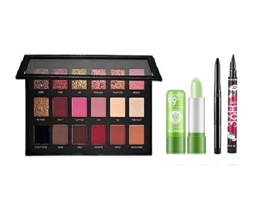 JustTya| Rose Gold Remastered Edition 18 Color Eyeshadow Palette Makeup Set With Aloevera Lipstick Lip Balm, Waterproof 36H Eyeliner And Kajal Pencil- All in One Makeup Kit-image-34