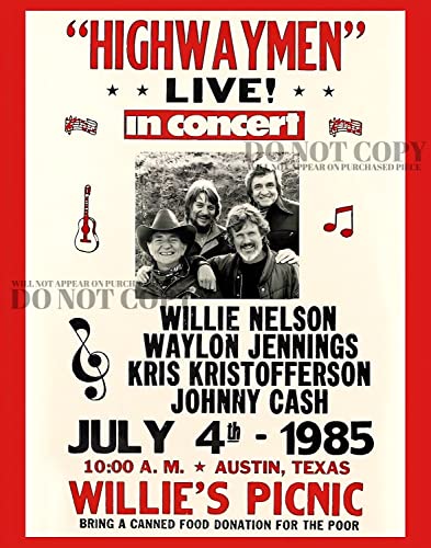 Image of The Highwaymen Poster 11 X 14 - Willie Nelson - Johnny Cash - Waylon Jennings - 4th of July Picnic - Live 1985 Austin, Texas - Outlaw Country - Concert - Vintage Artwork - Rare Art Print