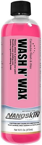 Nanoskin WASH N' WAX Wash & Wax con carnauba de 16 onzas  Lavado de coche y cera de coche limpia y brilla en un solo paso  Funciona con cañón de