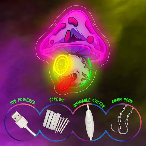 Image of Mushroom Eye Neon Sign For Wall Decor, Colorful UV Printed Neon Light with Retro Design, LED Artwork for Bar, Bedroom, Game Room, Party Decoration Holiday Birthday Gifts