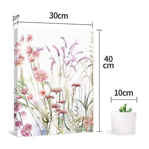 Sumgar Flower Wall Art Colorful Botanical Decor Pink Wildflower Pictures Green Leaf Artwork Purple Watercolor Canvas Prints Framed Painting For Kitchen Living Room Bedroom Bathroom 12" X 16" 3 Panel #TOP4