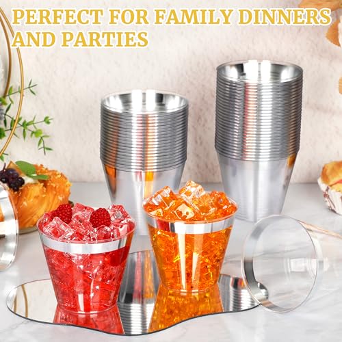 Image of 100 Pcs Silver Plastic Cups,9Oz Silver Rimmed Plastic Cups,Heavy Duty Clear Disposable Plasitc Cocktail Tumblers Wine Cup for Party,Wedding,Birthday,Christmas