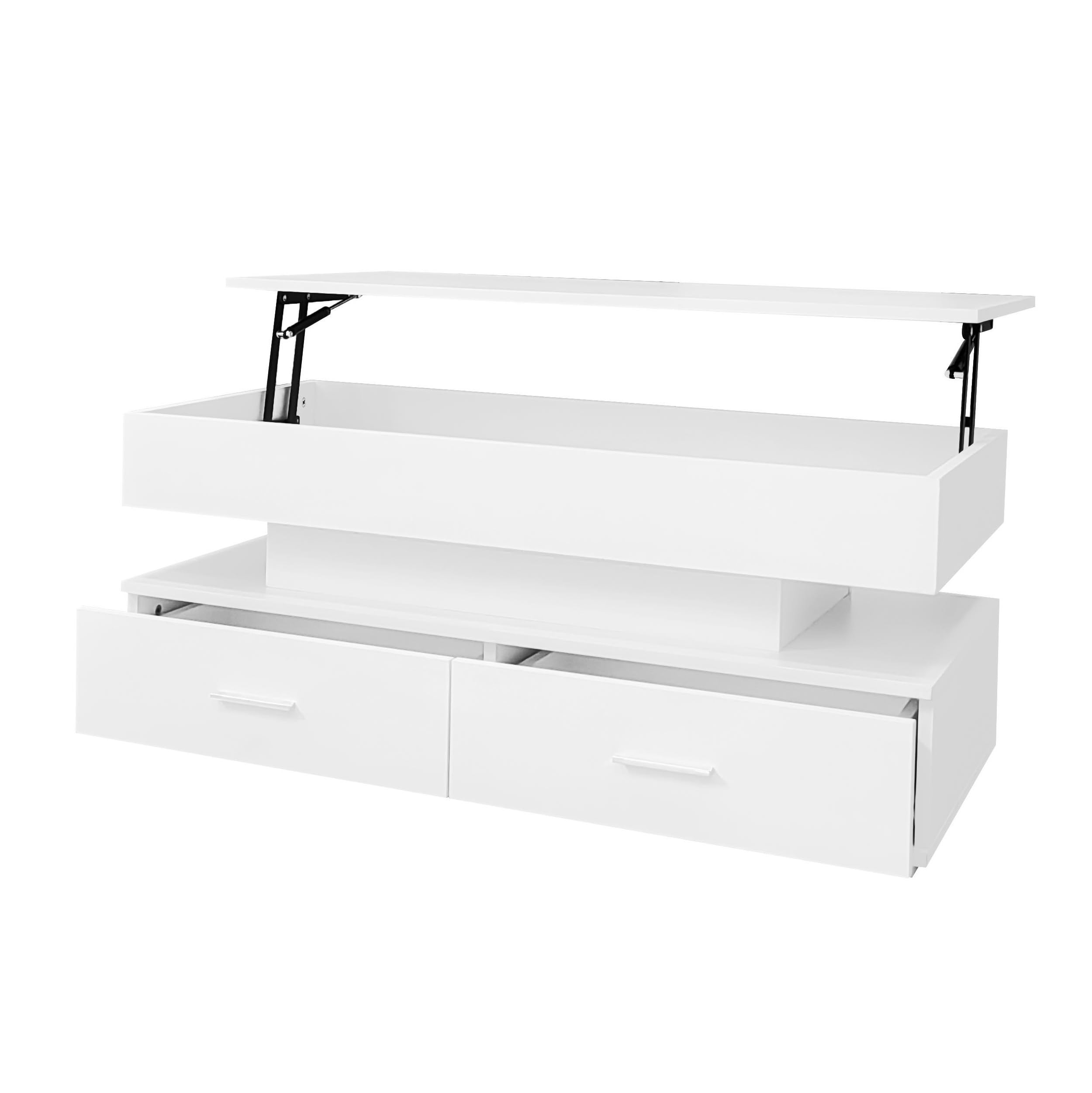 Mesa de centro hidráulica ajustable en altura, con iluminación LED, control por aplicación Bluetooth, 2 cajones y espacio de almacenamiento abierto, mesa de centro elevable (blanco)