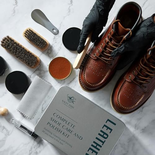 SALTY FISH 13PC Shoe Polish and Shine Kit, Shoe Care Kit for Leather Shoe Cleaning, with Metal Case, Black Brown Neutral Shoe Polishes, Horsehair Shoe Brushes, 2 Buffing Clothes, Shoe Horn - Thumbnail 5