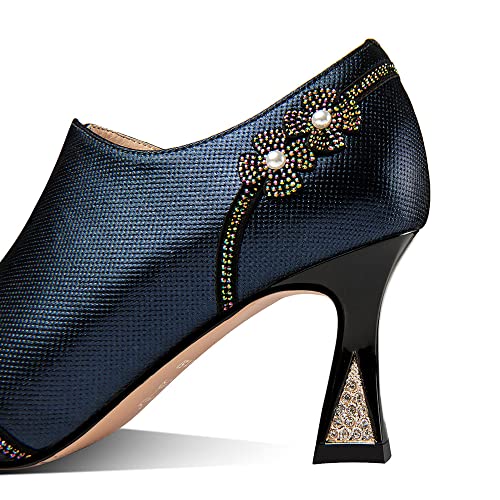 TinaCus Handmade Women's Genuine Leather Rhinestones Pearls Flowers Side Zipper Pointed Toe Mid Spool Heel Pumps Shoes4