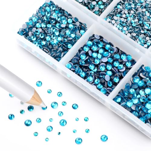 Image of Bymitel Hotfix Crystal Rhinestones Round Gems for Crafts,Mixed 6 Sizes with Wax Pencil Kit, Blue Zircon 1.3-3.2mm(SS3-SS12 /8000pcs)