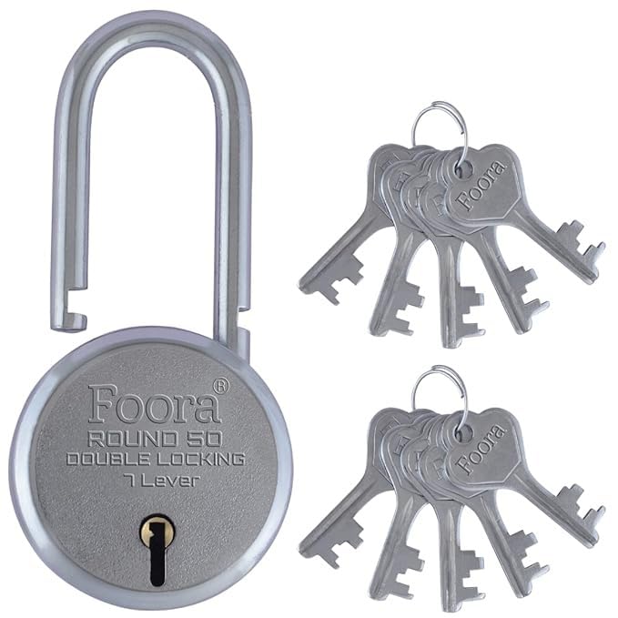 Foora Round 50Mm Keypad Lock | Long Shackle | Home Metal Body | Double Locking | 7 Steel Lever | 10 Silver Keys with Keychain | Silver Finsih | Made in India | Export in USA | Canada