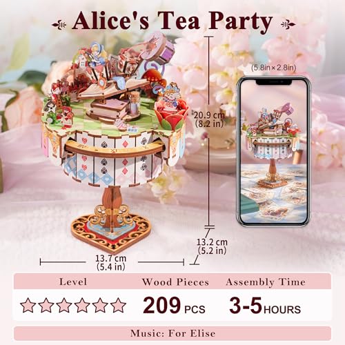 Image of Tonecheer x British Library Wooden Music Box Puzzle for Adults, DIY Rotating Music Box Kit 3D Creative Musical Puzzle Crafts Model Building Kits Desk Decor for Birthday Gift (Alice's Tea Party)