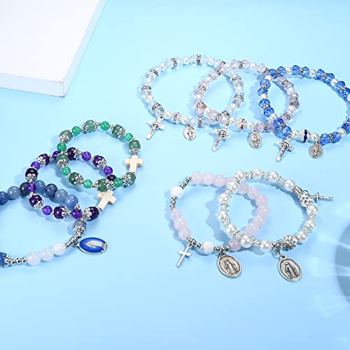 LOLIAS 8Pcs Rosary Beads Catholic Stretch Bracelets for Women Crystal Cross Bracelet with Crucifix Medal4