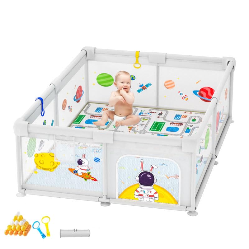 ANTOLE Baby Playpen,150 * 180cm Baby Fence Play Area, Children's Playground.Sturdy Safety Play Yard with Soft Breathable Mesh Playmat with Balls&Handles,Fence for Infants