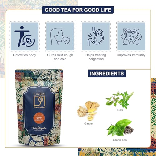 Image of Dabri Ginger Tulsi Green Tea 200gm Combo |Pack of 2 X 100gm Each Pouch|Natural Flavoured Long Leaf Tea |Pure & Refreshing |Rich in Antioxidants |Immunity Booster |Relieves Cough, Cold & Indigestion