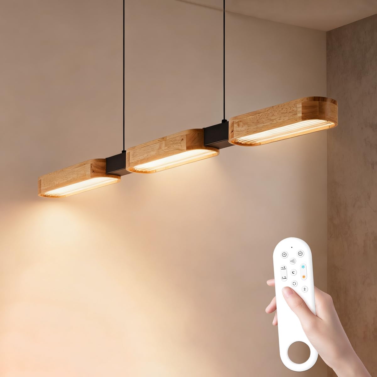 Suspension Luminaire pour Salle à Manger, L90xH100cm, avec Télécommande, 25W 2500lm, Dimmable 3000-6500K, Mode Veilleuse, Mémoire & Minuterie, Lustre LED en Bois pour Salon, Cuisine et Chambre