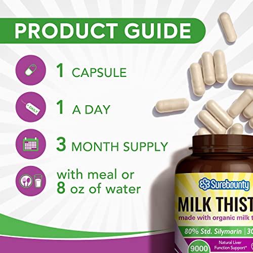 Surebounty Organic Milk Thistle, 9000 Mg Equivalent, 30X Concentrated Seed Extract With 80% Silymarin, Liver Cleanse Detox For Men + Women, Once Daily, 90 Veggie Caps #TOP4