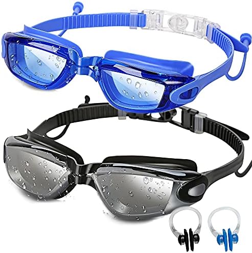 2 Pack Swim Goggles,Adult Swimming Goggles for Men Women Youth Kids,Anti Fog UV Protection,No Leaking,Shatterproof,with Ear Plug(Black,Blue)