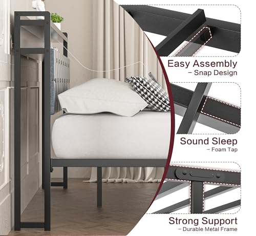 SUNLEI Queen Bed Frame with Led Light and 2 Drawers, Metal Platform Bed with Charging Station and Linen Fabric Storage Headboard, Strong Metal Slats, Easy Assembly, No Box Spring Needed, Modern, Black