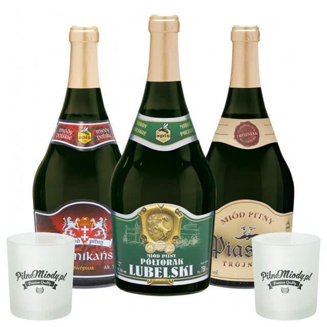 Set mit 3 Apis Mets (Honigwein Półtorak-Eineinhalber/Dwójniak-Halber/Trójniak-Drittel) mit 2 Bechern | 2250ml | 13-16% Alkohol Metwein | Polnische Produktion