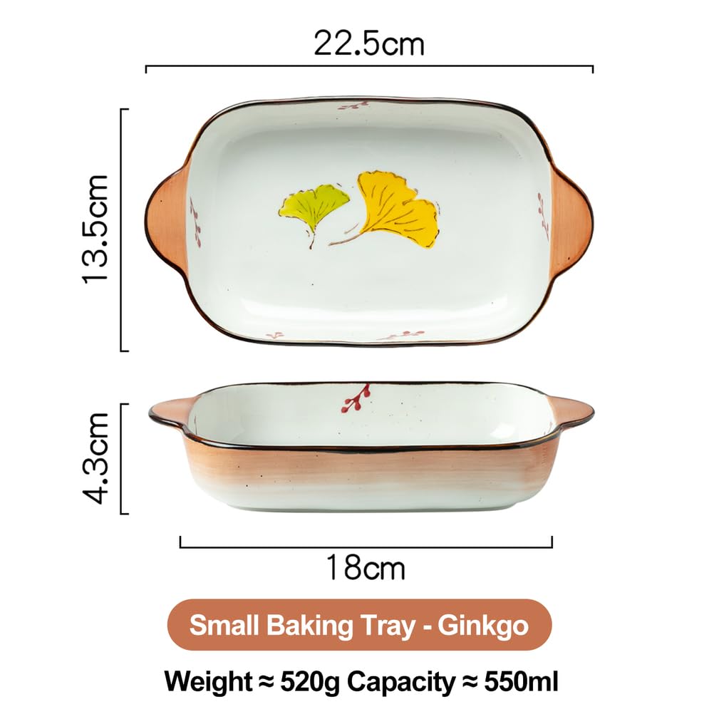 Dxcaicc Lasagne Dish Ceramics 2PCS Retro Double-Handled Dots Oval Gold Edge Hand-Painted Gradient Color Unique Vegetable and Plant Pattern Baking Tray,Ginkgo Leaf,Small