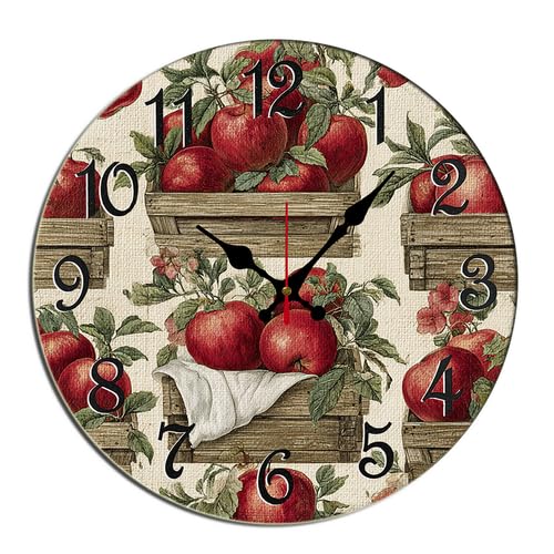 Horienteeon Reloj de pared de frutas de manzana, redondo, de 25,4 cm, de madera, silencioso, sin tictac, funciona con pilas, para dormitorio, baño, sala de estar, oficina, escuela, cocina