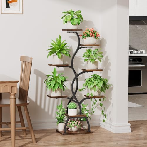 Image of Plant Stand Indoor with Grow Light - 8 Tiered Corner Plant Shelf Indoor | 49 inch Plant Holder with Lights for Indoor Growing, Tall Lighted Flower Stand for Living Room, Balcony, Brown