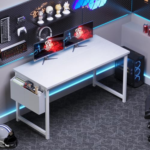 Image of OLIXIS Computer Desk, 55 Inch Gaming Desks for Home Office Small Spaces | Writing Study Craft Work Table, Computer Workstation for Bedroom with Storage Bag, All White