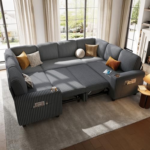 Image of LINSY HOME Sectional Sleeper Sofa with Pull Out Couch Bed - Convertible Plush Corduroy Cloud Couch with Storage Chaise & USB Charging, Comfy Modular Couches for Living Room, Grey