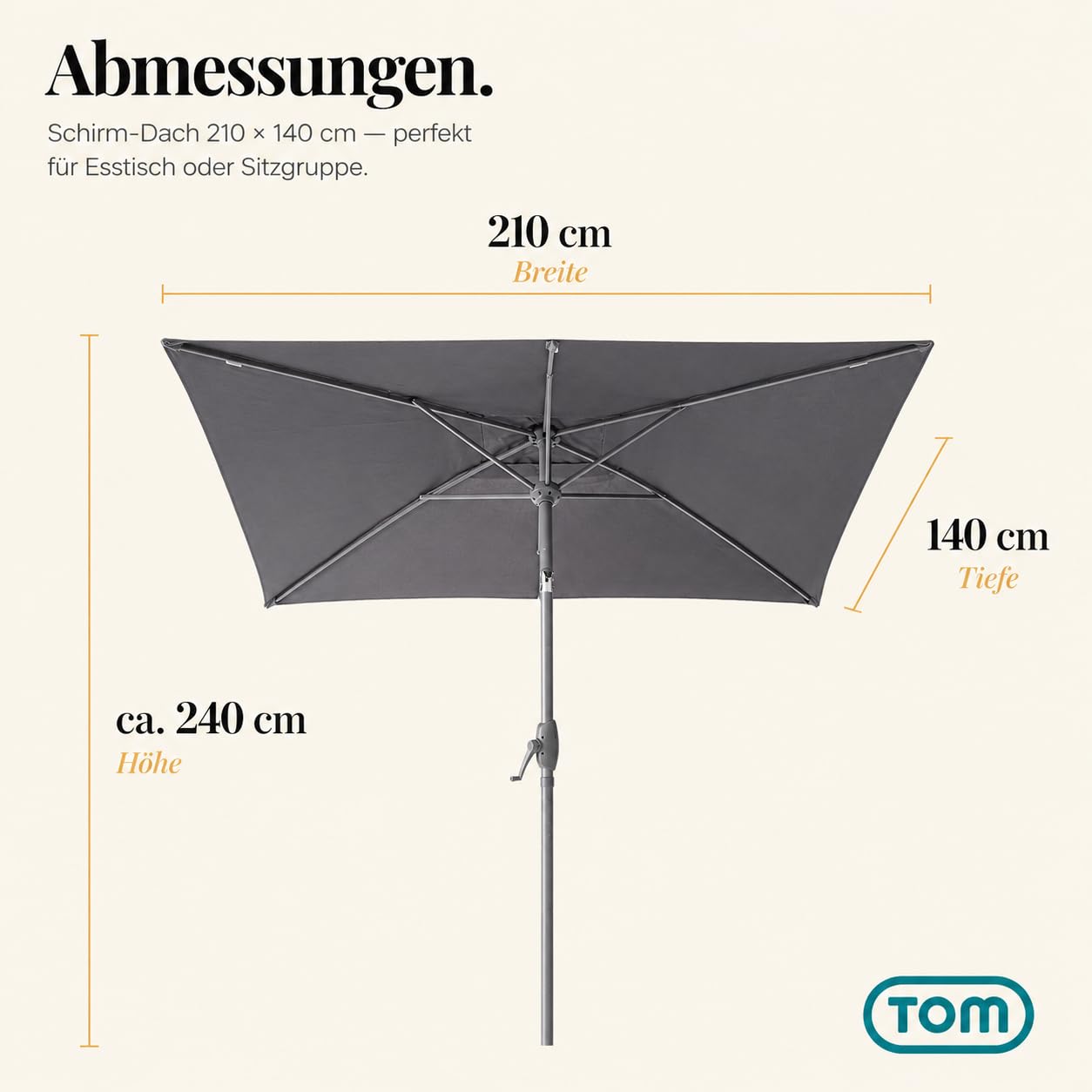 TOM rechteckiger Sonnenschirm mit Schutzhülle und Kurbel für Balkon, Garten & Terrasse – großer 140 x 210 cm Gartenschirm Schirm in Anthrazit oder Beige – 45° knickbar
