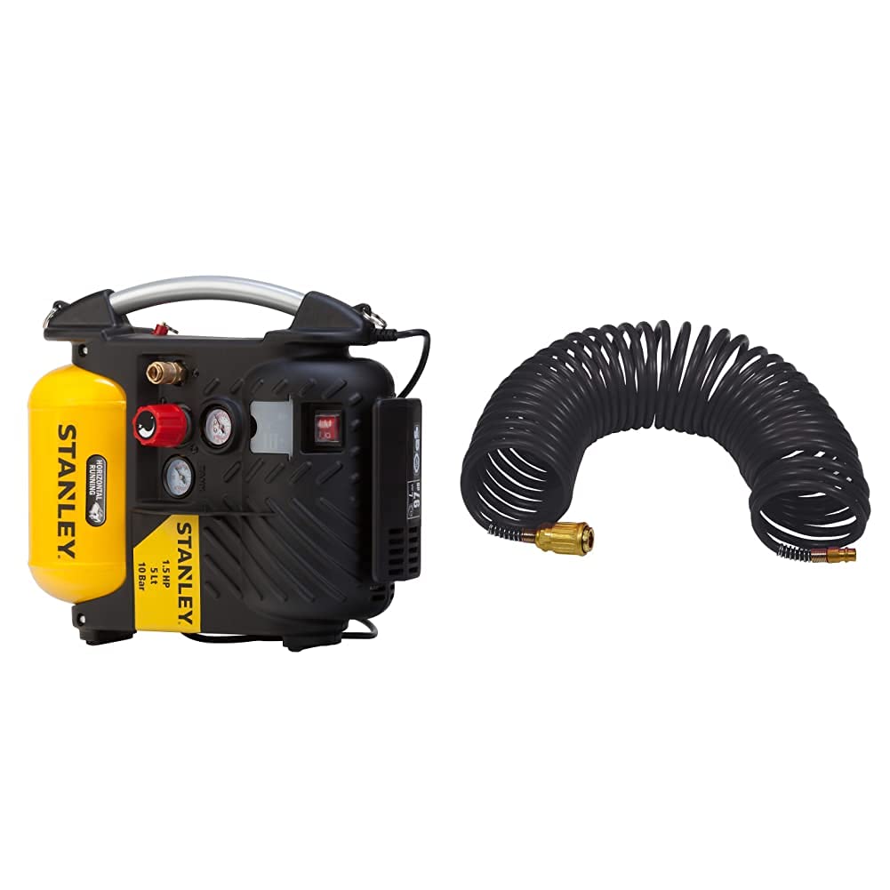 Stanley Dn200/10/5 Airboss Compressore D'Aria, 1100 W, 230 V & 8221577Stn Tubo Spiralato 10 Metri Attacco Rapido, Nero