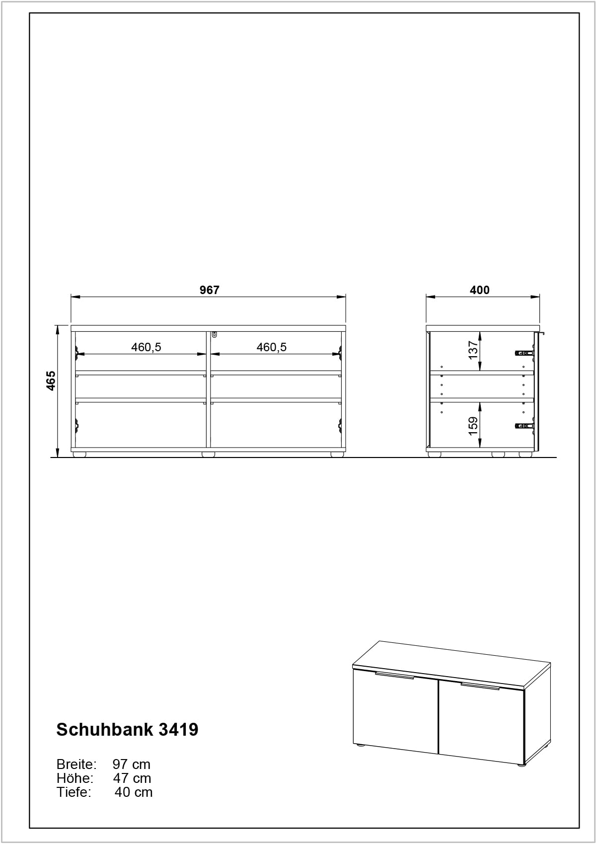 Germania Schuhbank 3419-84 GW-Genova, in Weiß, mit Glasfront, 97 x 47 x 40 cm (BxHxT)