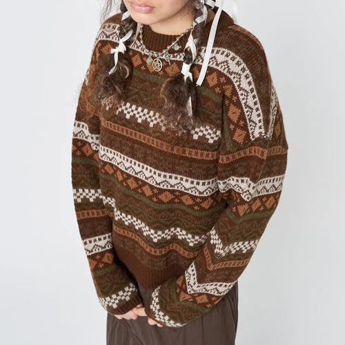 Image of Women Vintage Striped Pullover Sweater Y2k Long Sleeve Crew Neck Loose Knit Sweaters Fall Winter Knitwear