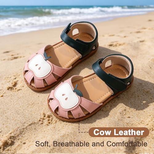 Image of Toddler Girl Sandals with Flower, Breathable Leather kids Closed Toe Sandals, Soft Rubber Non-Slip Summer Shoes for Little Girls 2-7 Years