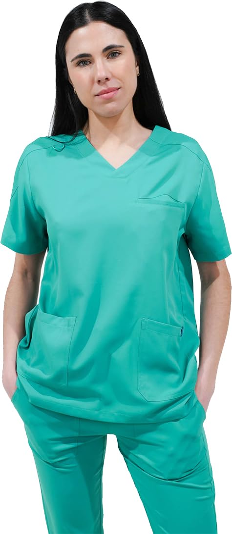 WORKTEAM Conjunto Sanitario de Casaca y Pantalón en Microfibra Elástica Bidireccional, Manga Corta, Cuello Pico y Cintura con Cordón Unisex