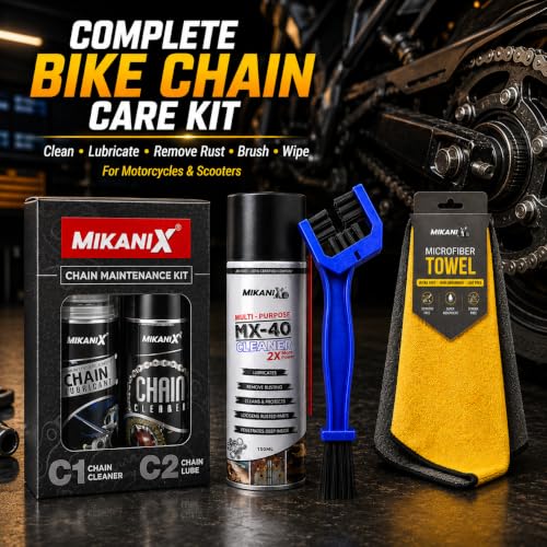 Image of OBEROI'S TRADERS Bike Chain Cleaner & Lubricant Kit Combo | Motorcycle Chain Cleaner Spray, Chain Lube, MX-40 Rust Remover, Chain Cleaning Brush & Microfiber Cloth | for All Bikes & Scooters (450 ML)