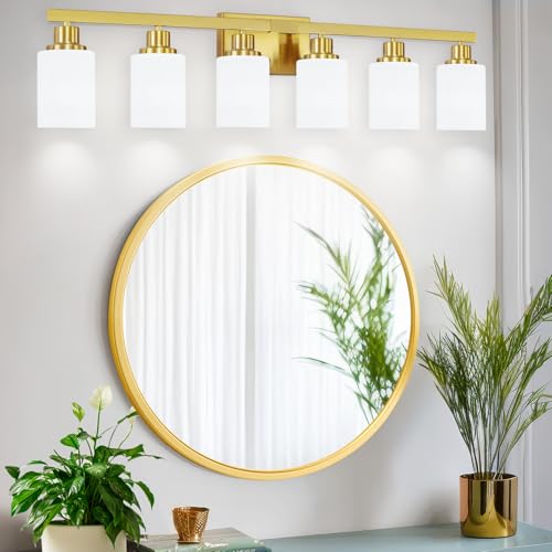 Image of 6 Light Gold Bathroom Vanity Light Bathroom Light Fixture 36.8in | White Frosted Ribbed Glass Shade Modern Brushed Gold Vanity Lighting Fixtures over Mirror Gold Sconces E26 Base