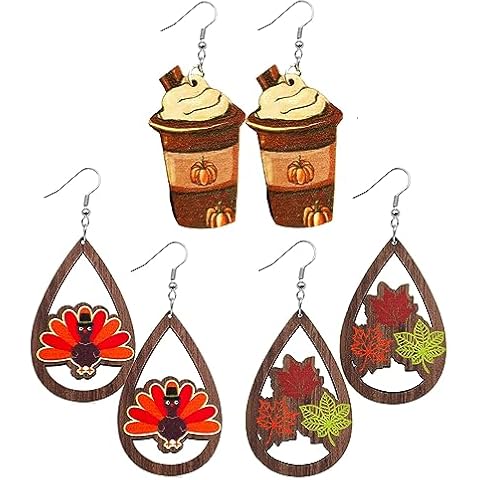 PINCHUAN 3PairsThanksgiving Earrings for Women Fall Earrings Wooden Earrings Cute Turkey Pumpkin Dangle Earrings Leaf Coffee Lightweight Fun Autumn Drop Earrings Thanksgiving Jewelry Gift-coffee Cover