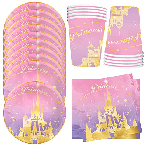 HGSHUO Château Vaisselle Anniversaire Décorations Princesse Vaisselle de Fête d'anniversaire Assiettes Gobelets Serviettes Décorations de Fête Mariage Baby Shower 10 Invités