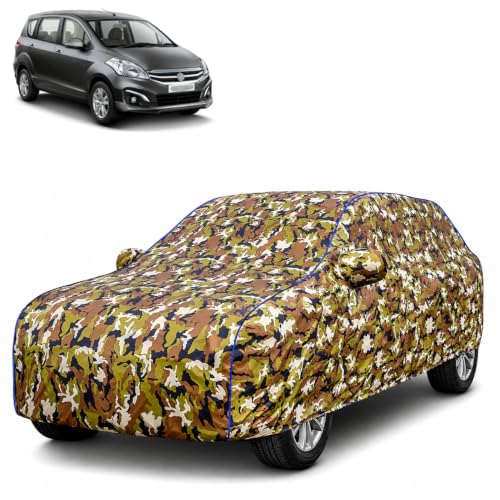 Image of Waterproof Car Body Cover for Maruti Suzuki Ertiga 2018 with Mirror Pocket| Cotton Inner Lining | Triple Stitched | All Weather Protection | Dust, UV & Rain Proof (Camouflage with Blue Piping)