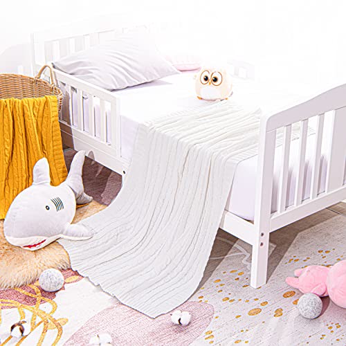 Image of NTBAY 100% Pure Cotton Cable Knit Toddler Blanket, Super Soft Warm Breathable 30x40 Baby Blanket for Crib, Stroller, Nursery, Travel, Newborn, 30x40 Inches, White