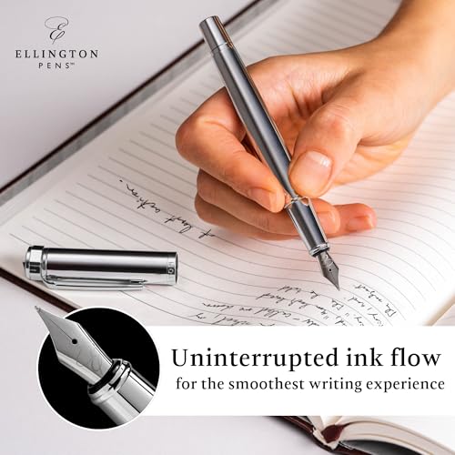 Image of Ellington Pens Luxury Fountain Pen Set - Extra Fine Nib- Includes 3 Ink Cartridges, Refillable Ink Converter, Gift Box- Fountain Pens For Writing, Calligraphy, Journaling, Sketching (Silver Sonata)